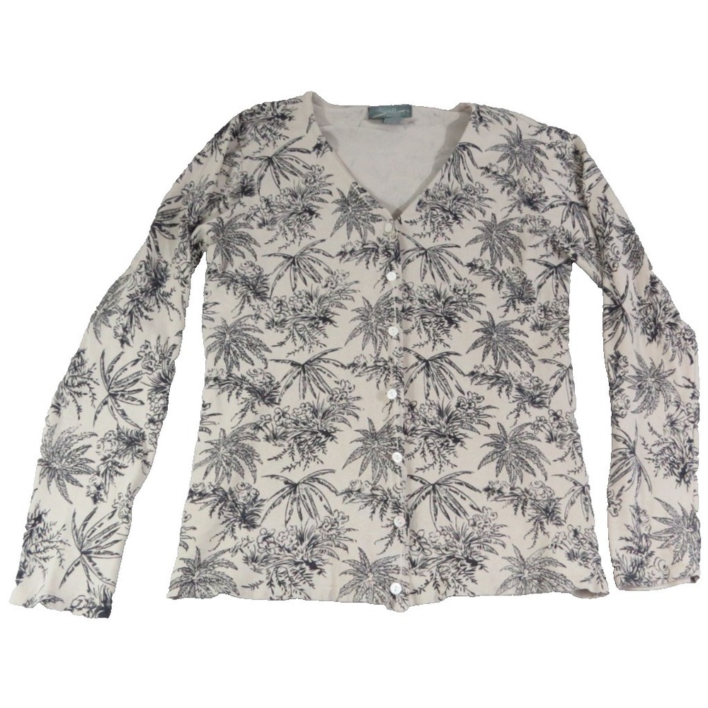 SML Silk Blend Cardigan M Beige Tropical Floral‎ Button Front Lightweight Womens